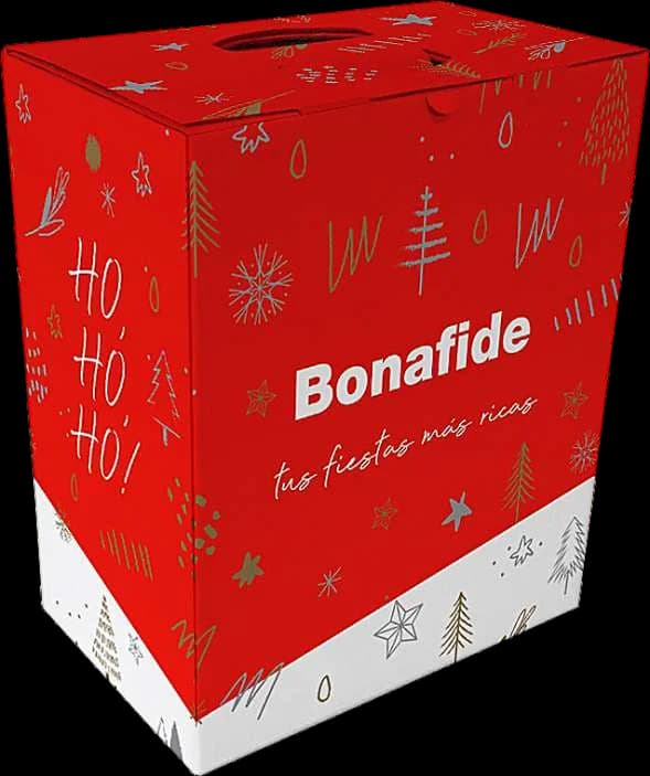 Caja navideña de cartón Bonafide, roja con ilustraciones y la leyenda “tus fiestas más ricas”